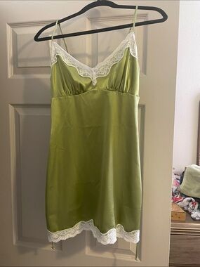 Olive Green Satin Lace-Trim Slip Dress - Women's Intimates